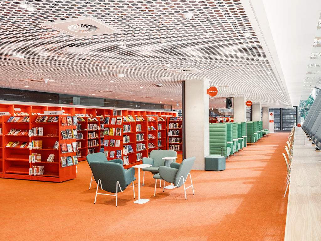 Library with book shelves and furniture