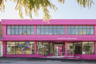 A bright pink building